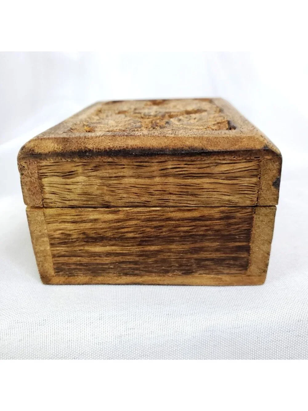 Vintage Hand Carved Wood Floral Hinge Lid Trinket Box Made In India 3 X 4 Inch